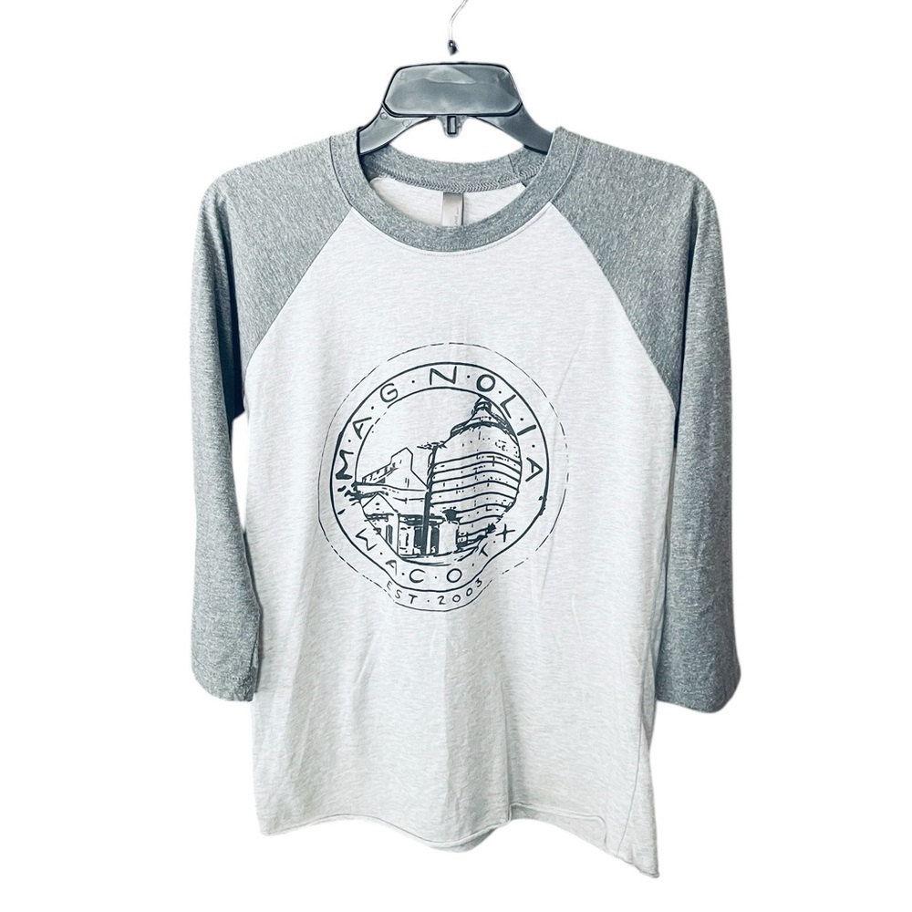 Magnolia Waco Texas women’s raglan tee 3/4 sleeve Joanna Gaines silos SZ S gray